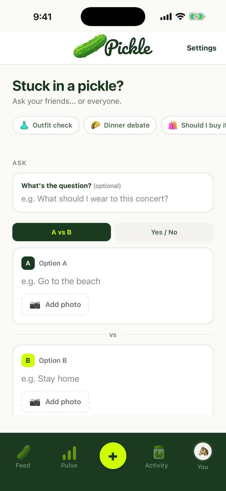 Creating a pickle: a question with A vs B options, ready to post