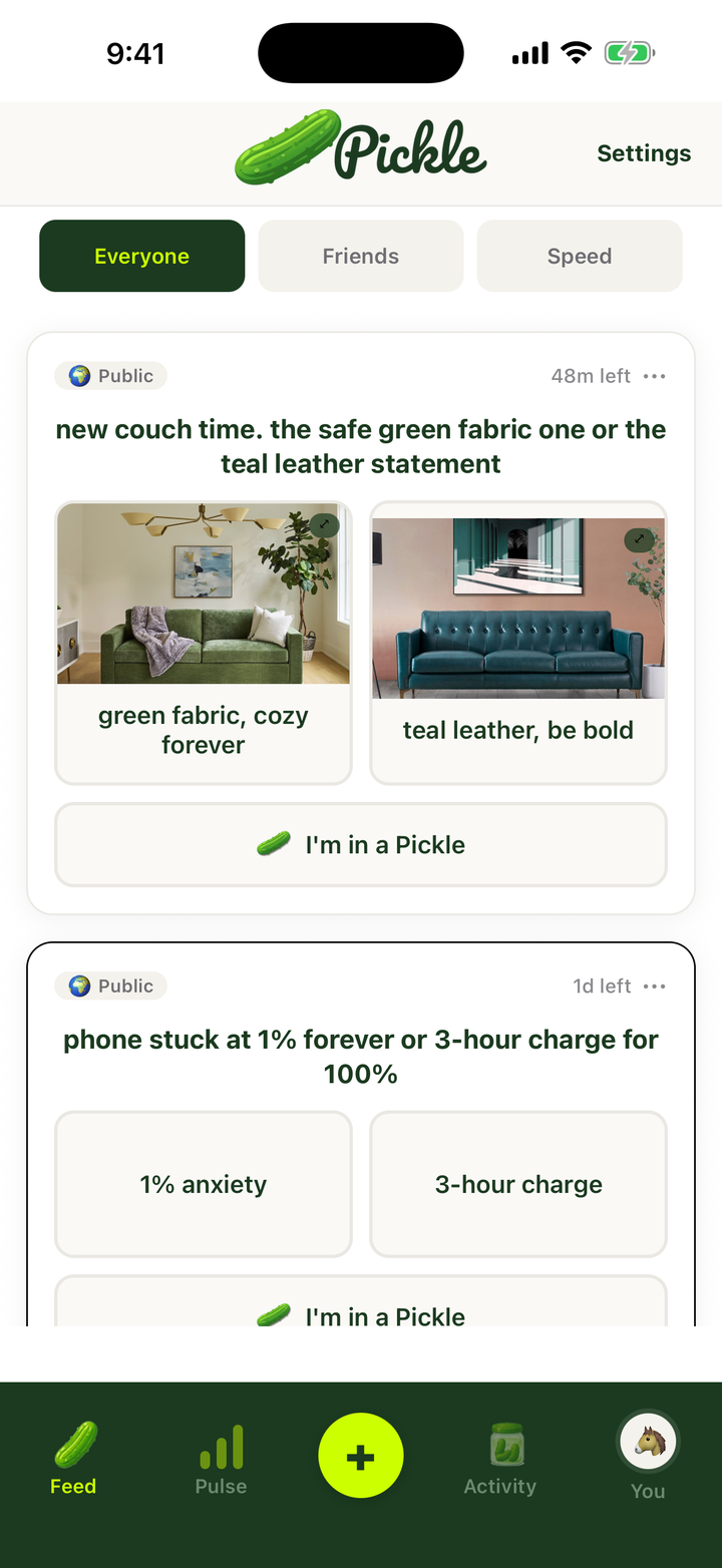 The public feed: a live pickle with two options and time left to vote